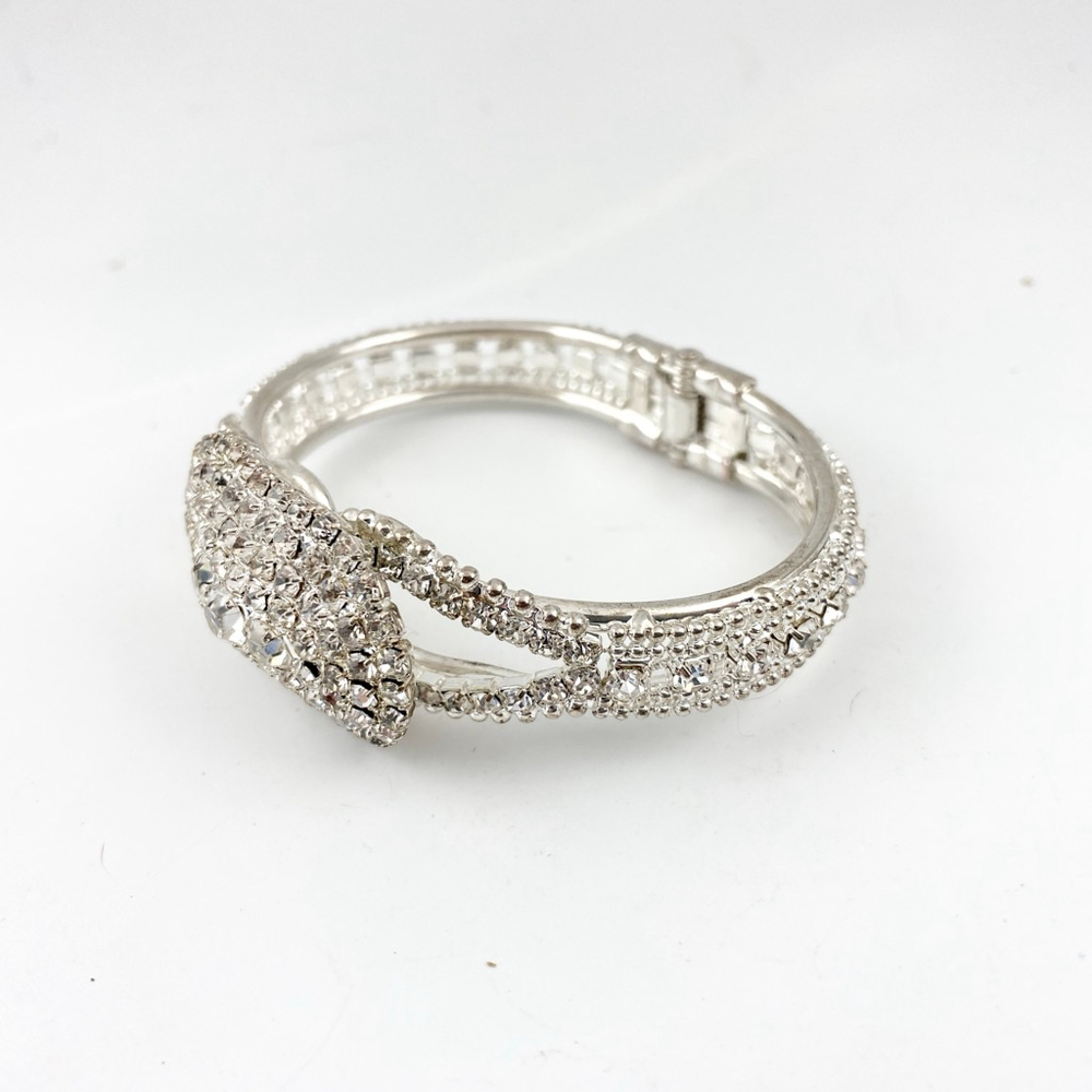 Vintage Silver tone Encrusted Clear Rhinestone Clamper Cuff Bracelet. Bridal - Picture 4 of 8